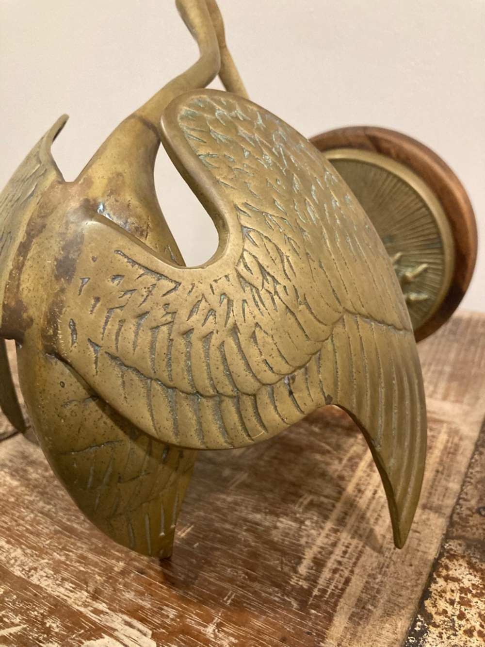 Vintage Crane Sculpture on Wood Base Mid Century Modern Decor 11.5” Brass Color - Picture 8 of 16